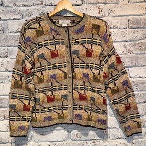 South Cotton Geometric Button-Up Vintage Hand Knit Cardigan